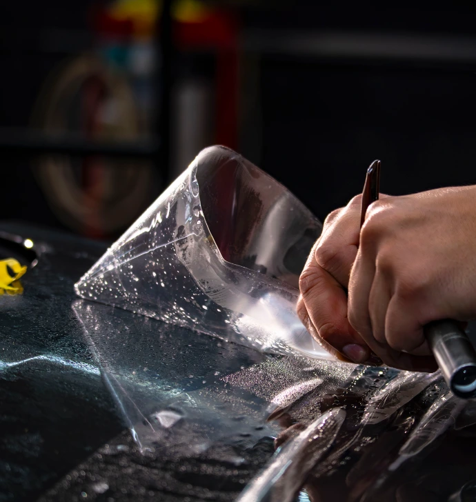 Close up detail shot of a PPF installer cutting paint protection film on a vehicle