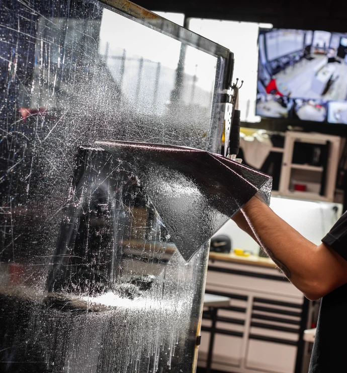 Window tint technician carefully preparing high-performance window film