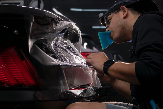 Professional paint protection film application on a 2018 Ford Shelby GT350 back bumper at Pro-Tech Auto Shield in Wheat Ridge
