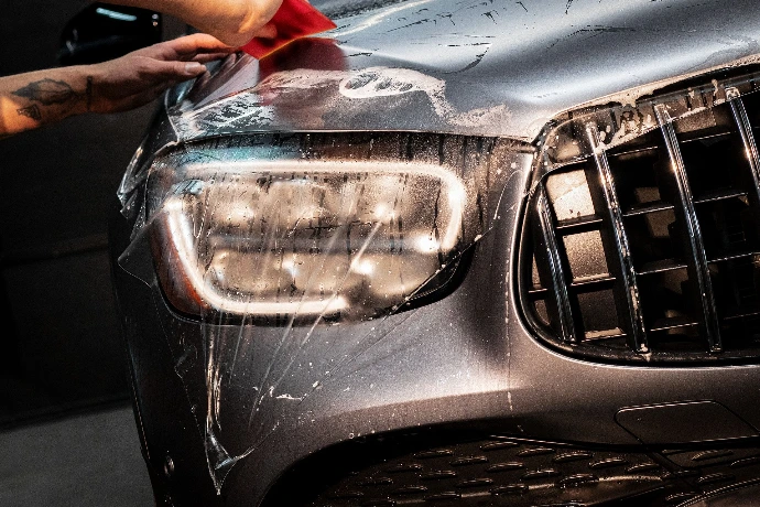 Professional installation of matte finish paint protection film on car hood in Wheat Ridge