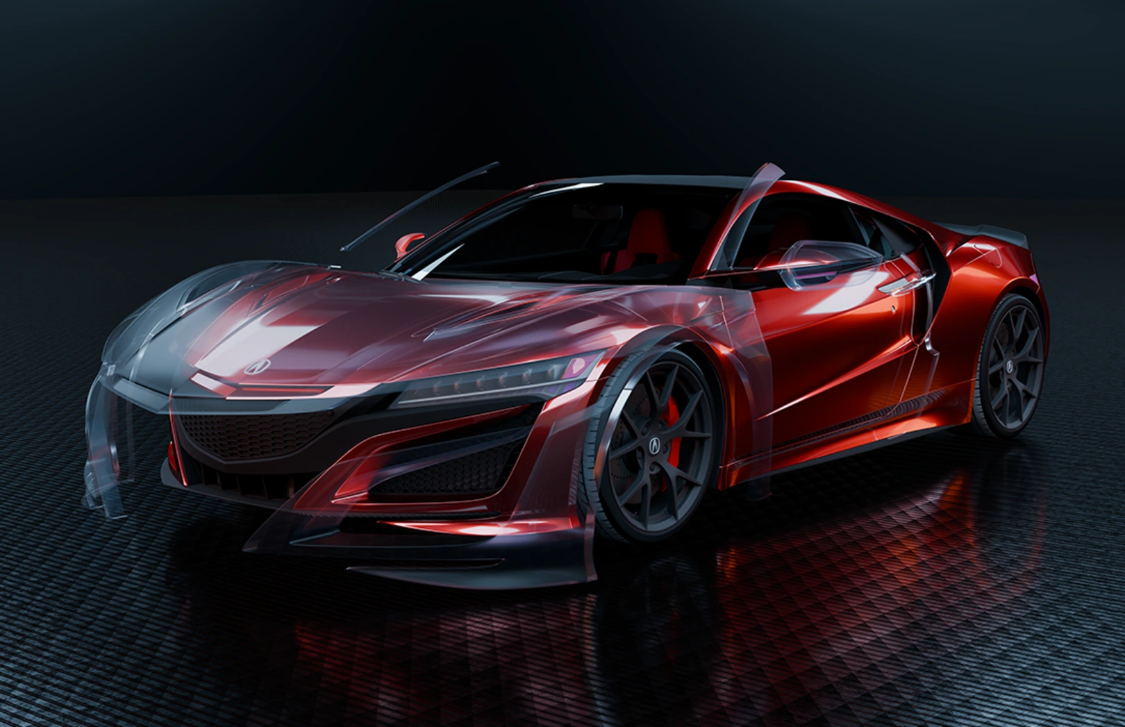 3D visualization of a 2022 Acura NSX showing floating PPF coverage areas like the hood, fenders, and mirrors at Pro-Tech Auto Shield