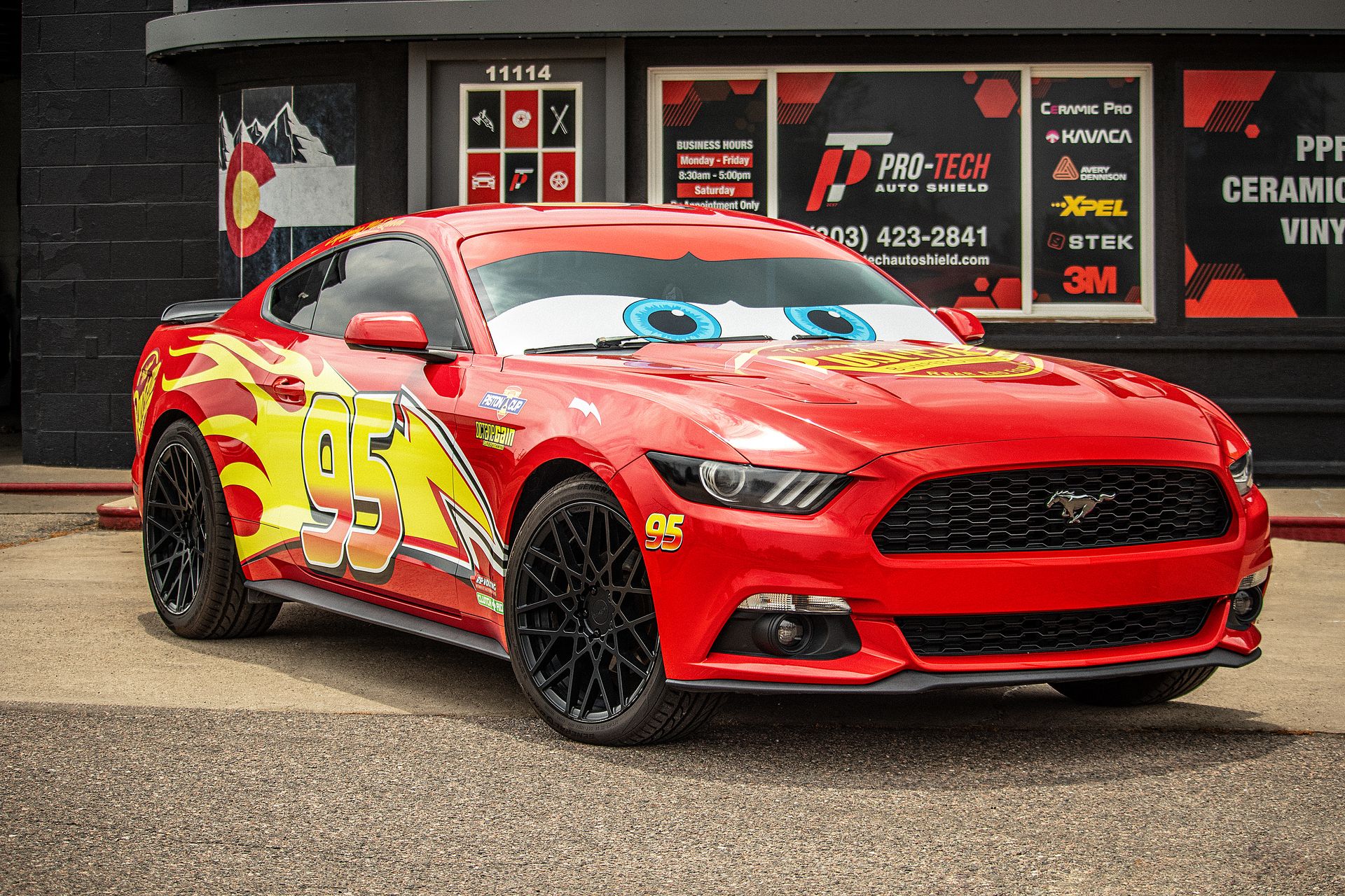 2018 Ford Mustang EcoBoost Coupe with Lightning McQueen style vinyl decals