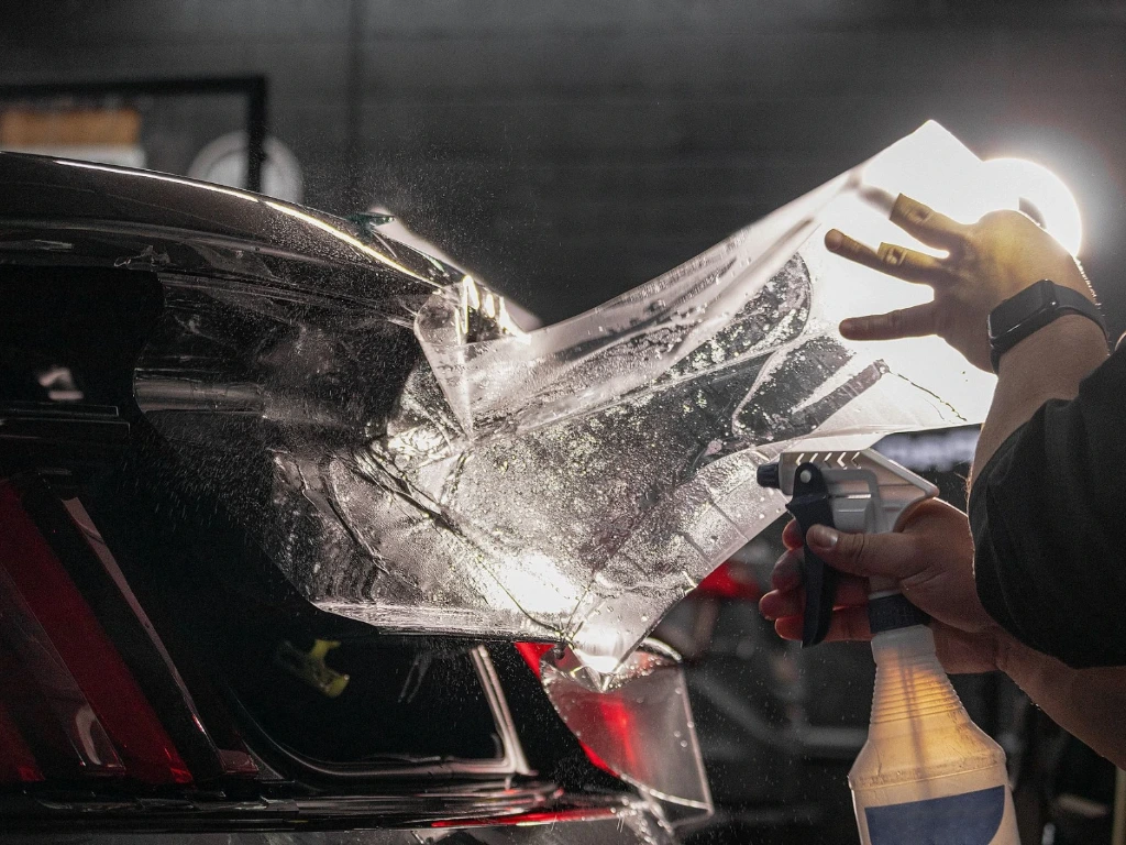 Technician applying paint protection film to the back bumper of a Shelby GT350 for full-body defense in the Denver area