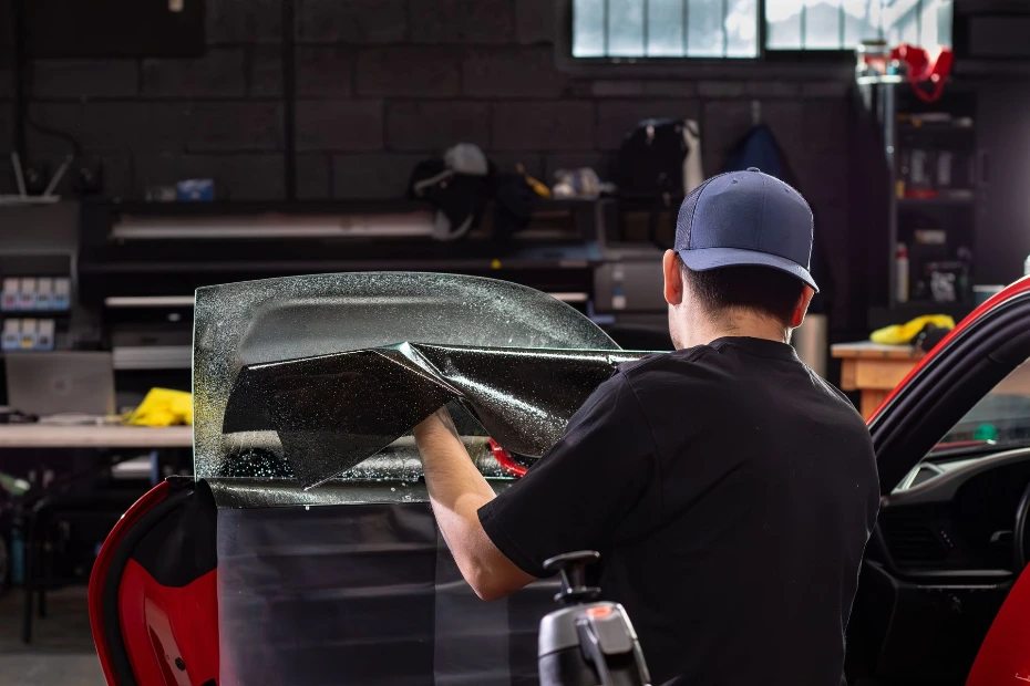 Window tint technician carefully applying high-performance window film to a 2024 Porsche 911 Carrera GTS for heat and UV protection