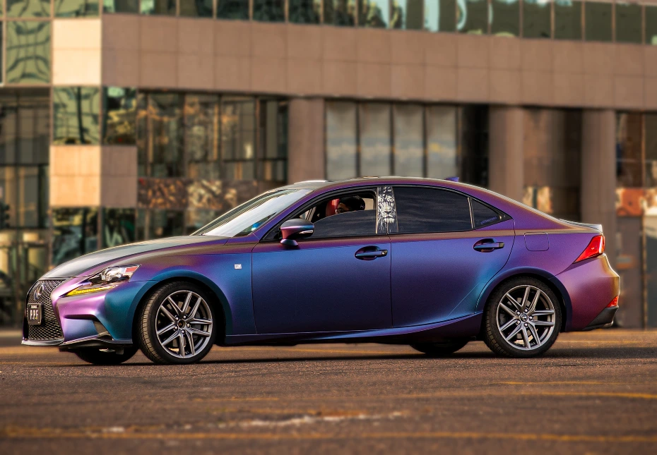 2014 Lexus IS 350 with full color change vinyl wrap parked in Denver parking lot
