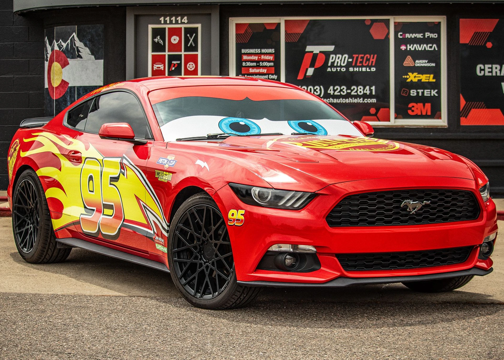 2018 Ford Mustang EcoBoost Coupe with Lightning McQueen style vinyl decals