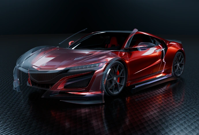 3D visualization of an Acura NSX showing extended PPF coverage including rocker panels and lower doors at Pro-Tech Auto Shield Wheat Ridge