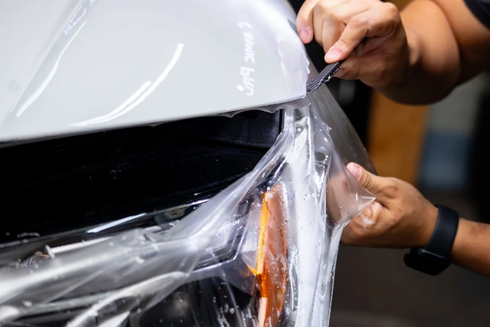 Precision trimming of paint protection film on a 2025 BMW X5 M Competition hood at Pro-Tech Auto Shield in Wheat Ridge