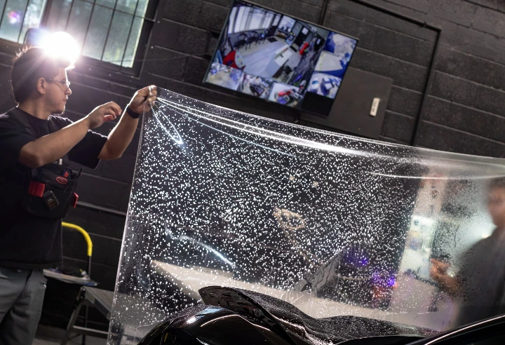 PPF being prepared to install on a black Porche full hood