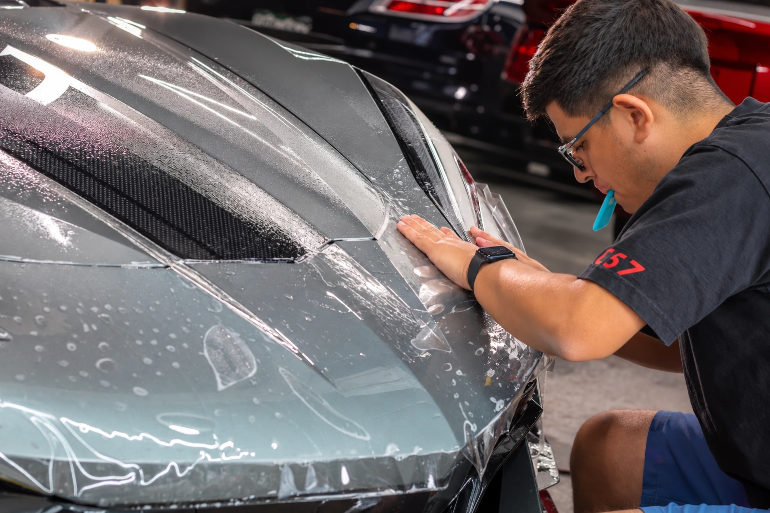Precise clear bra installation on a silver corvette