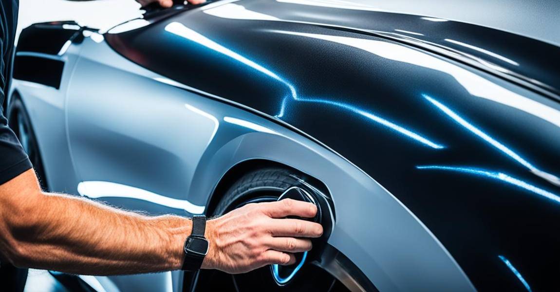 professional installer Applying a vinyl wrap on blue car