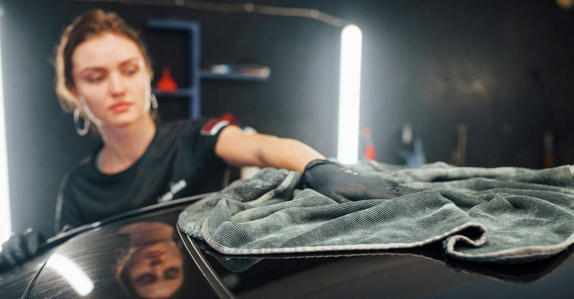 woman wipes car to remove water spots on ceramic coating