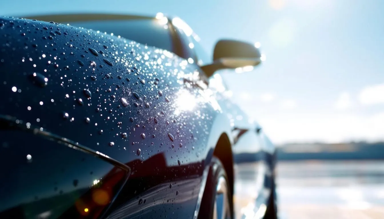 The image depicts a pristine black car with a glossy surface reflecting bright sunlight, showcasing water beads that highlight the effectiveness of a ceramic coating. This high gloss finish emphasizes the car's paint protection, demonstrating how the best ceramic coatings can repel water and provide long-lasting durability against environmental factors.