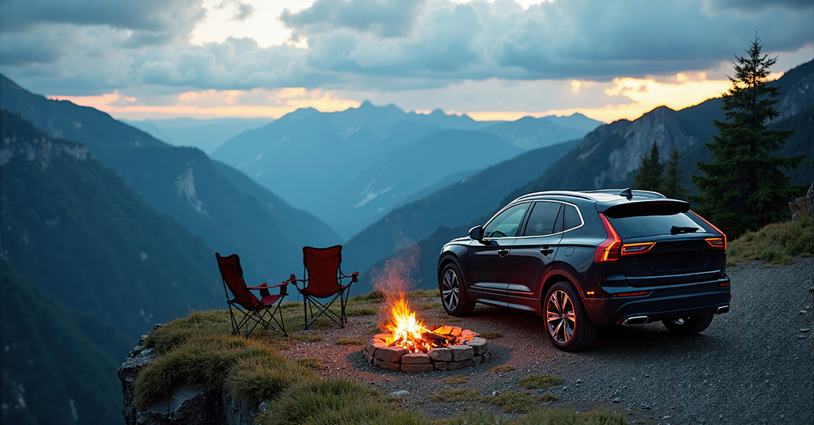 Picnic on a cliff with a fire and a car in the evening against the backdrop of mountains