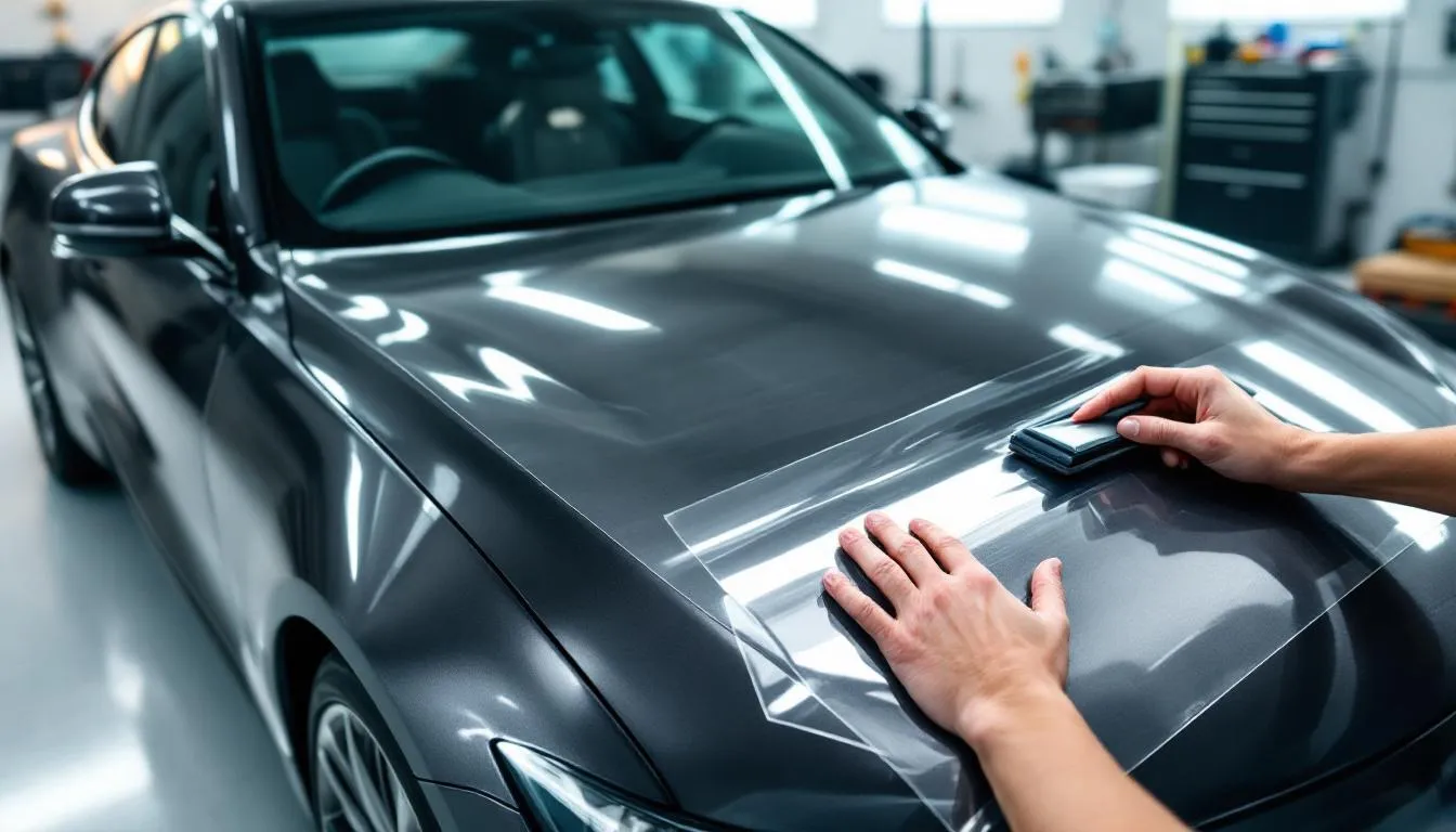 The image depicts a luxury car with a clear bra, specifically a 3M paint protection film, being carefully applied to the hood to protect the paint from road debris and minor scratches. The transparent film enhances the vehicle's gloss finish while preserving its design features and providing strong performance against dirt and bugs.