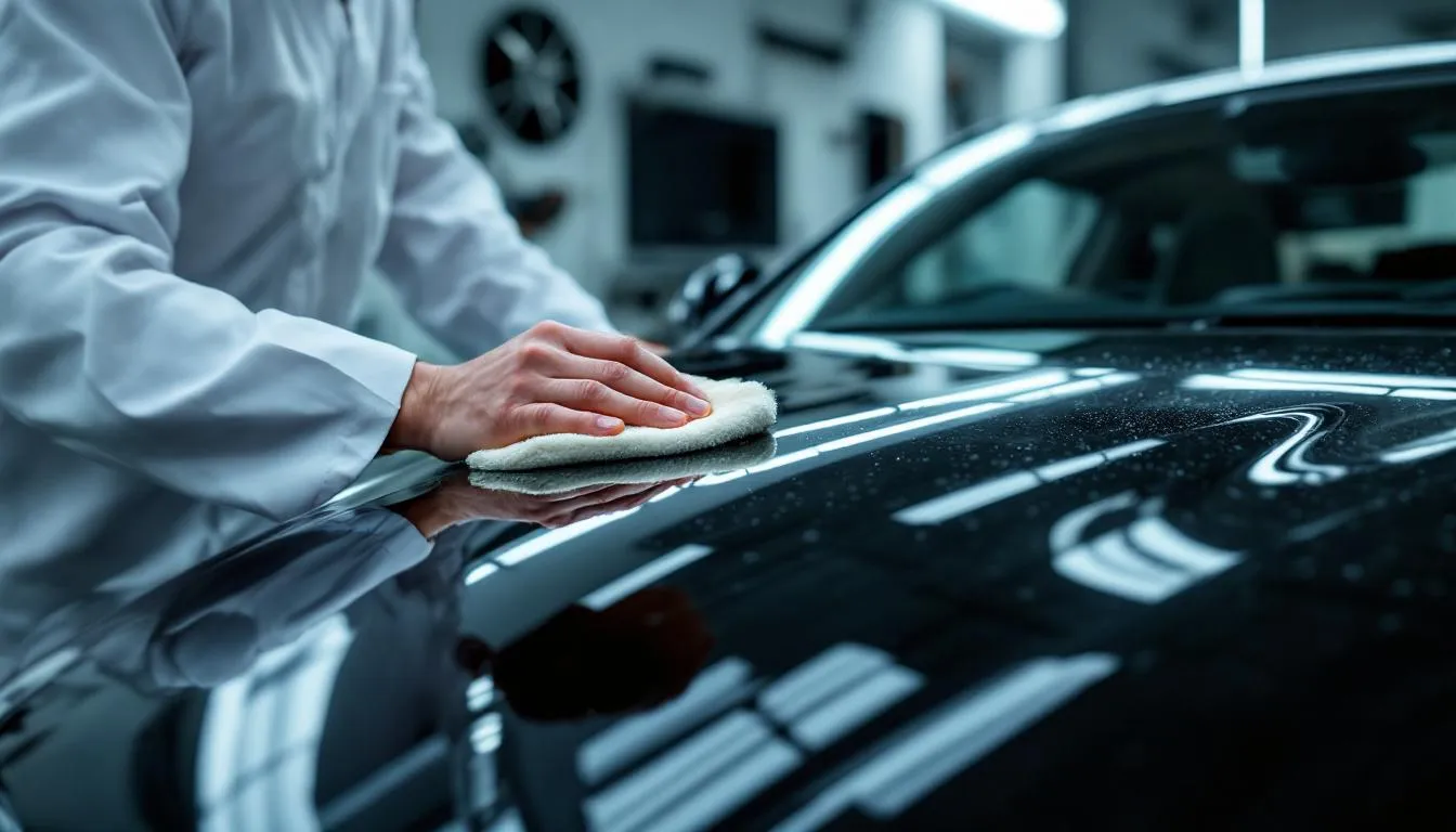 The image depicts a luxury car undergoing a professional application of glossy ceramic coating and paint protection film (PPF), showcasing the meticulous process aimed at providing maximum protection for the vehicle's paint against rock chips, minor scratches, and UV rays. The car's exterior gleams with a pristine finish, highlighting the benefits of comprehensive protection that enhances its appearance and durability.